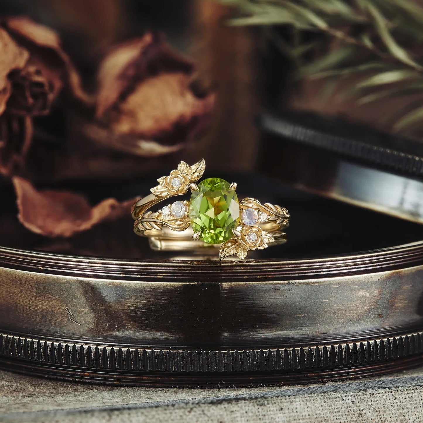Rose Blossom: Peridot Ring Set with Moonstone | Olive - GemsMagic