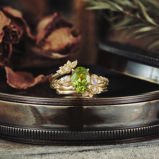 Rose Blossom: Peridot Ring Set with Moonstone | Olive - GemsMagic