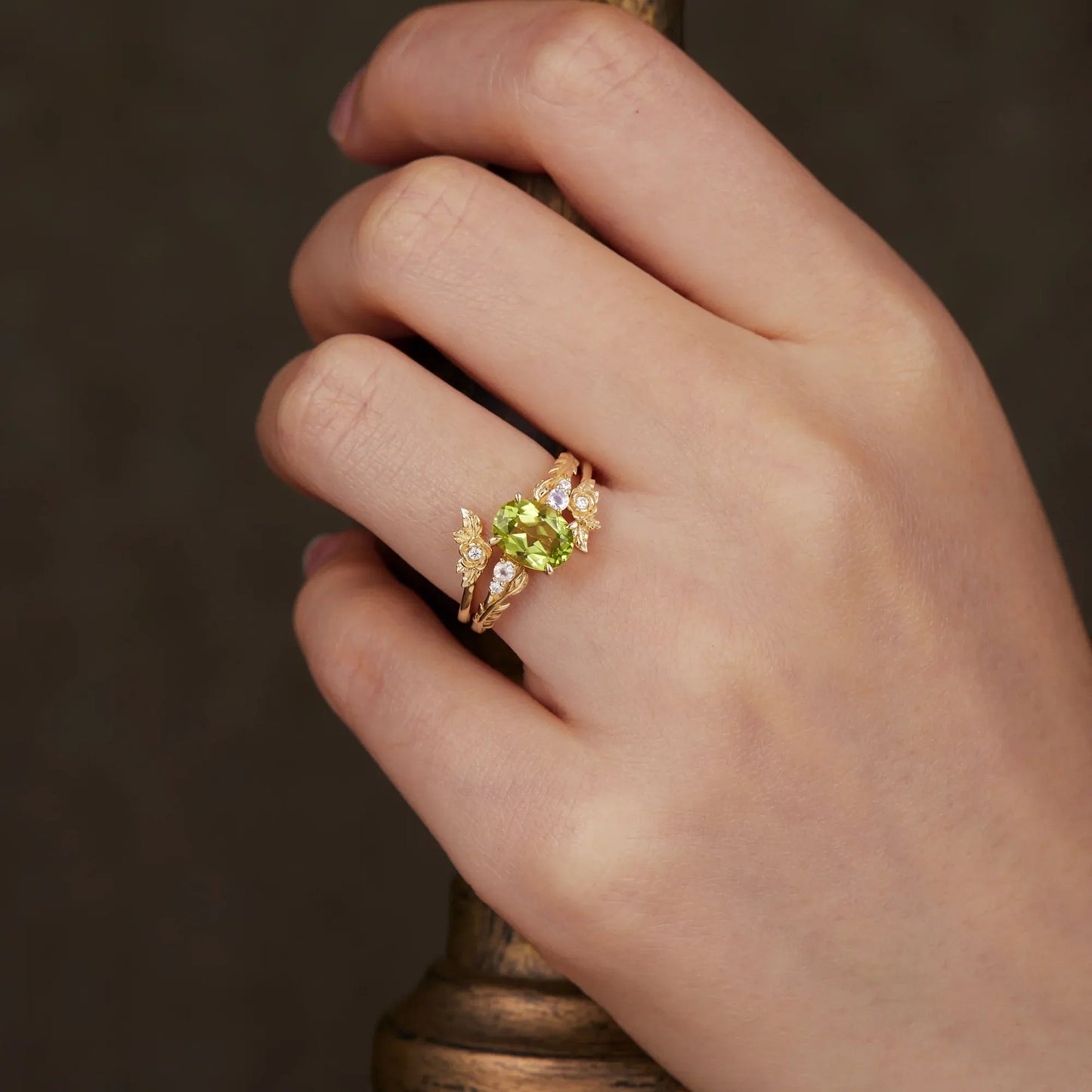 Rose Blossom: Peridot Ring Set with Moonstone | Olive - GemsMagic