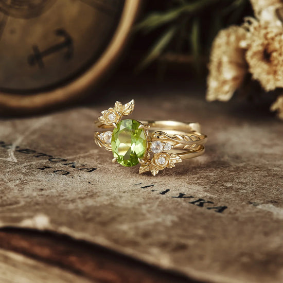 Rose Blossom: Peridot Ring Set with Moonstone | Olive - GemsMagic