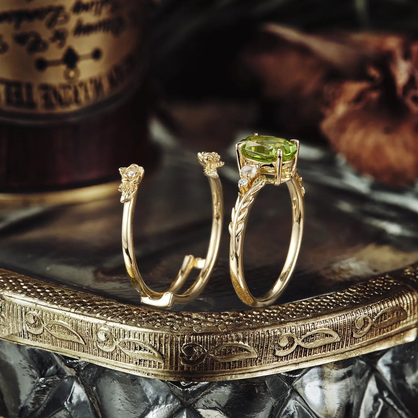 Rose Blossom: Peridot Ring Set with Moonstone | Olive - GemsMagic
