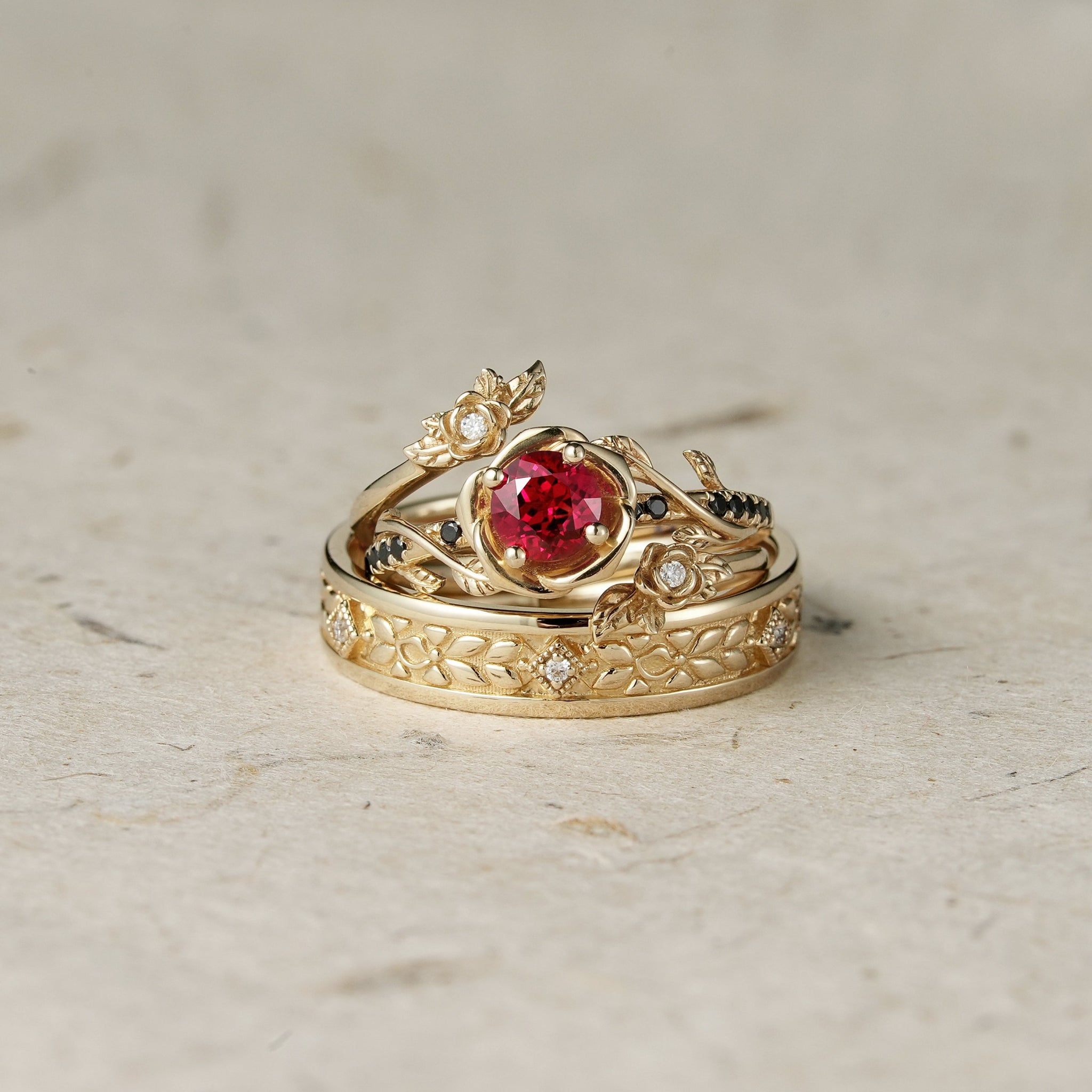 Rose Blossom: Ruby Couple Ring Set - Never Apart - GemsMagic
