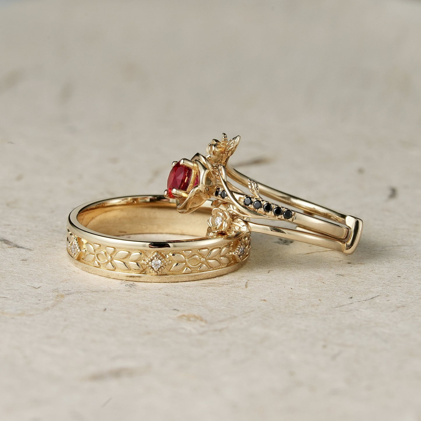 Rose Blossom: Ruby Couple Ring Set - Never Apart - GemsMagic