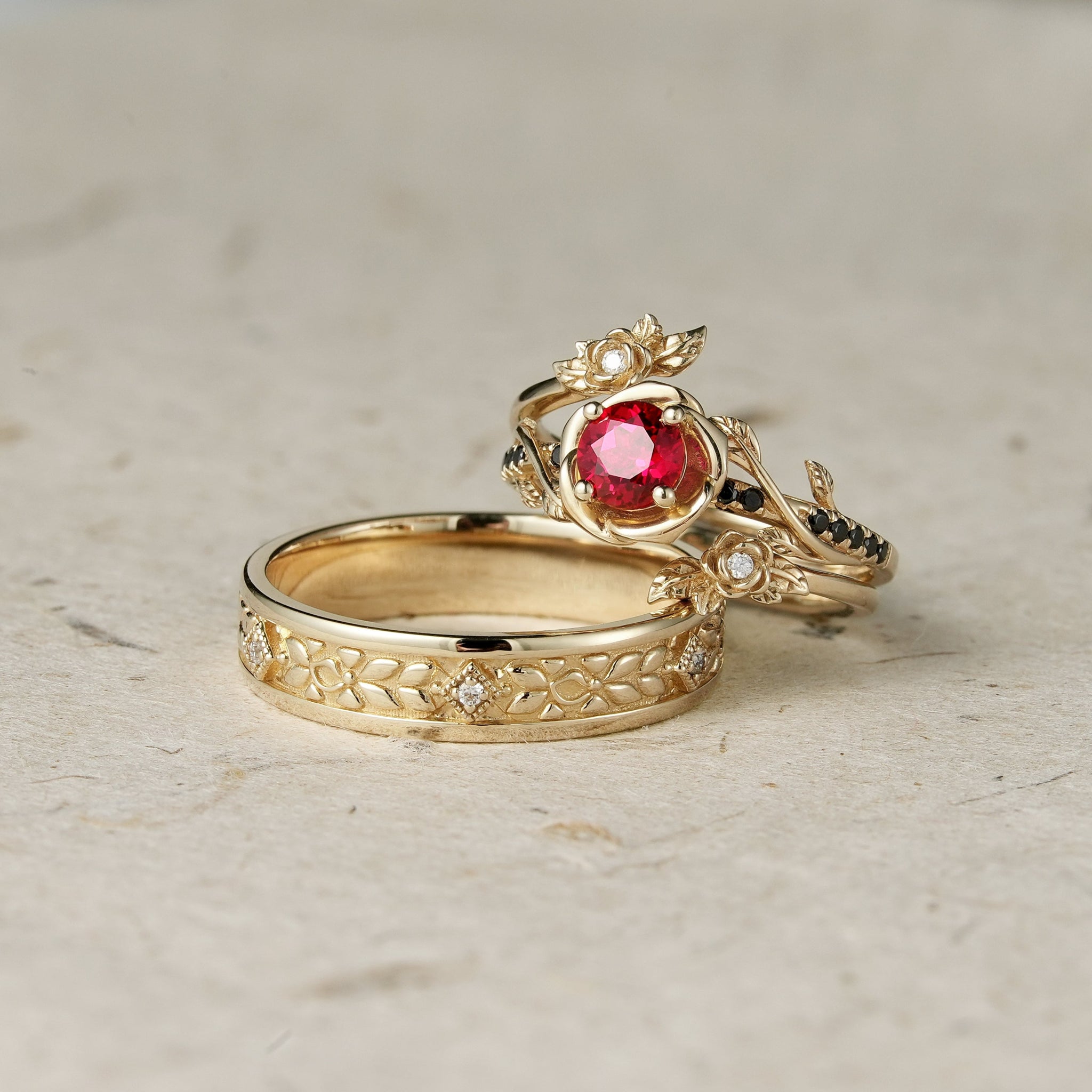 Rose Blossom: Ruby Couple Ring Set - Never Apart - GemsMagic