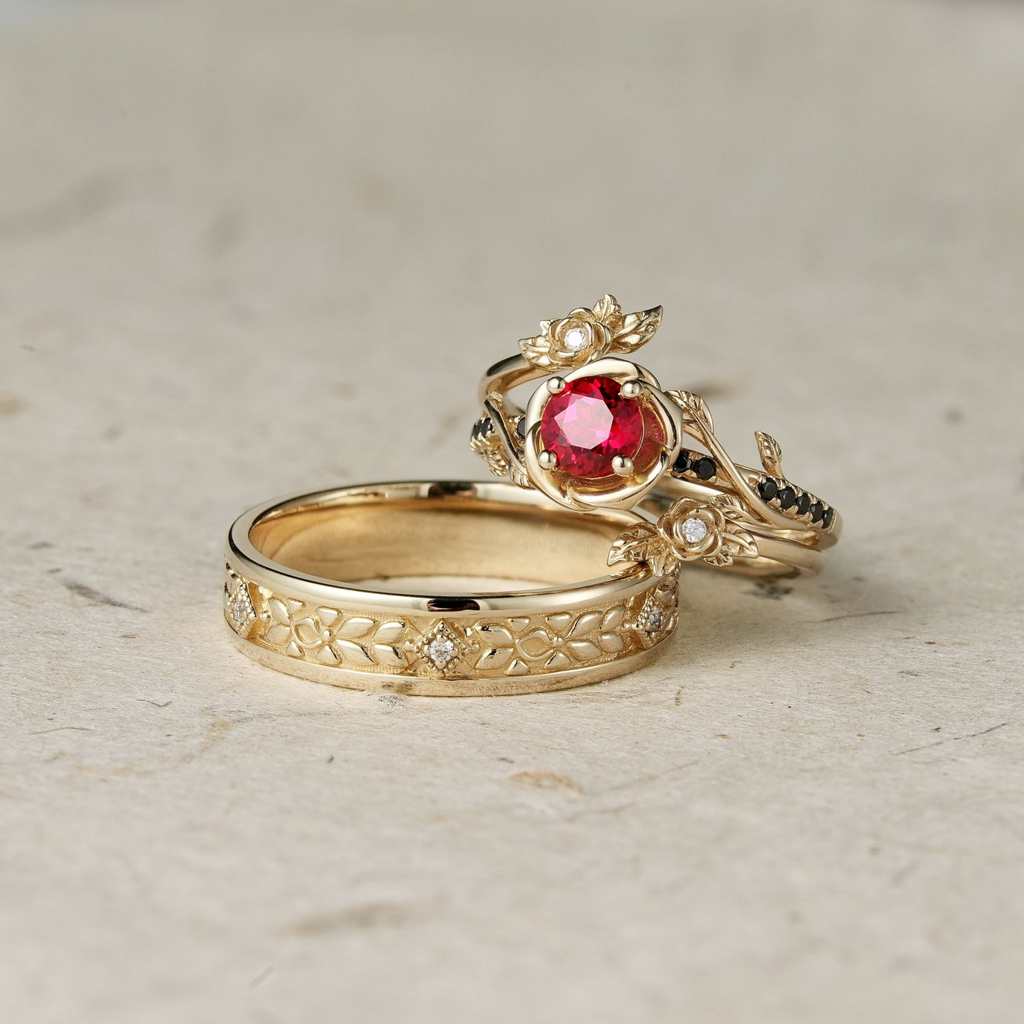 Rose Blossom: Ruby Couple Ring Set - Never Apart - GemsMagic