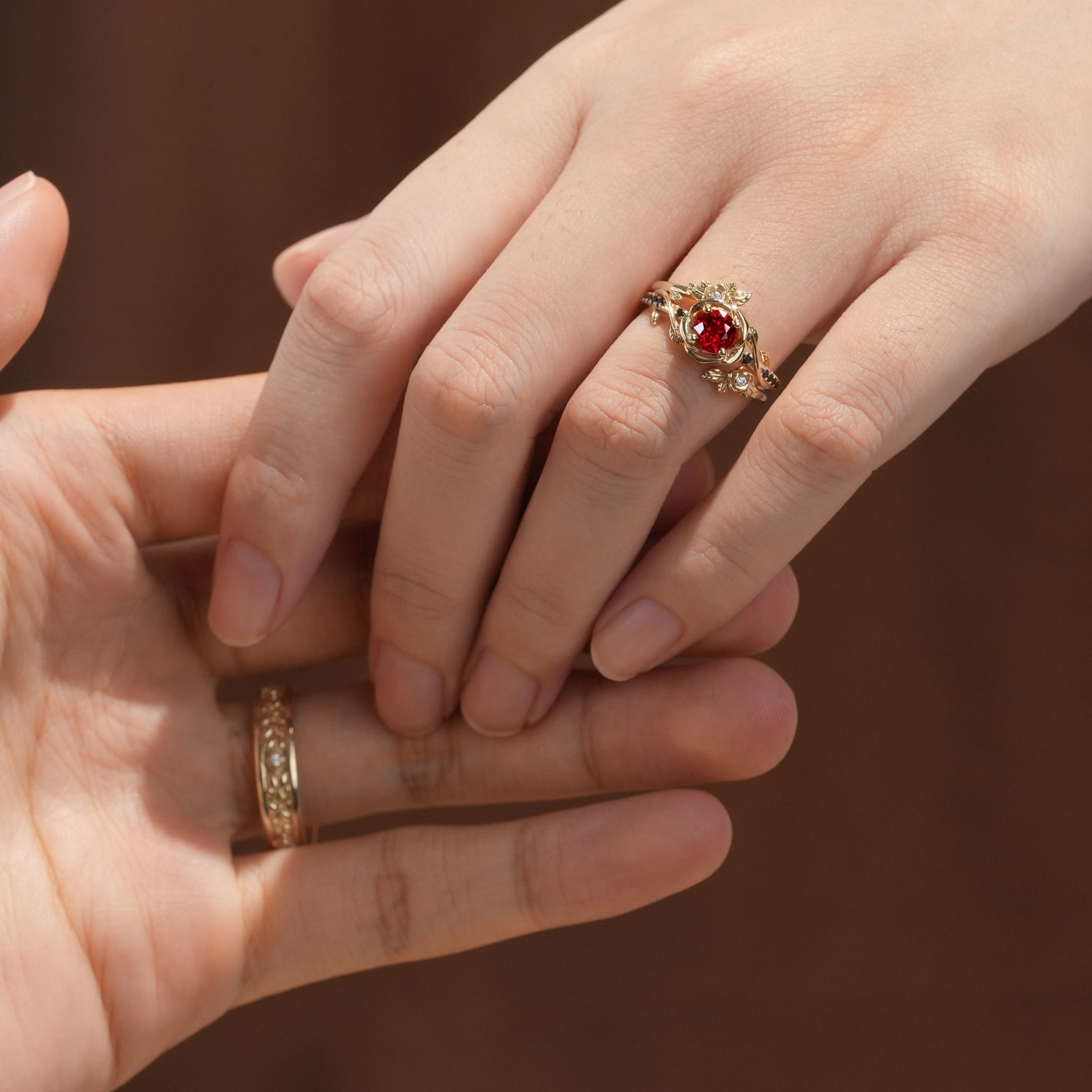 Rose Blossom: Ruby Couple Ring Set - Never Apart - GemsMagic