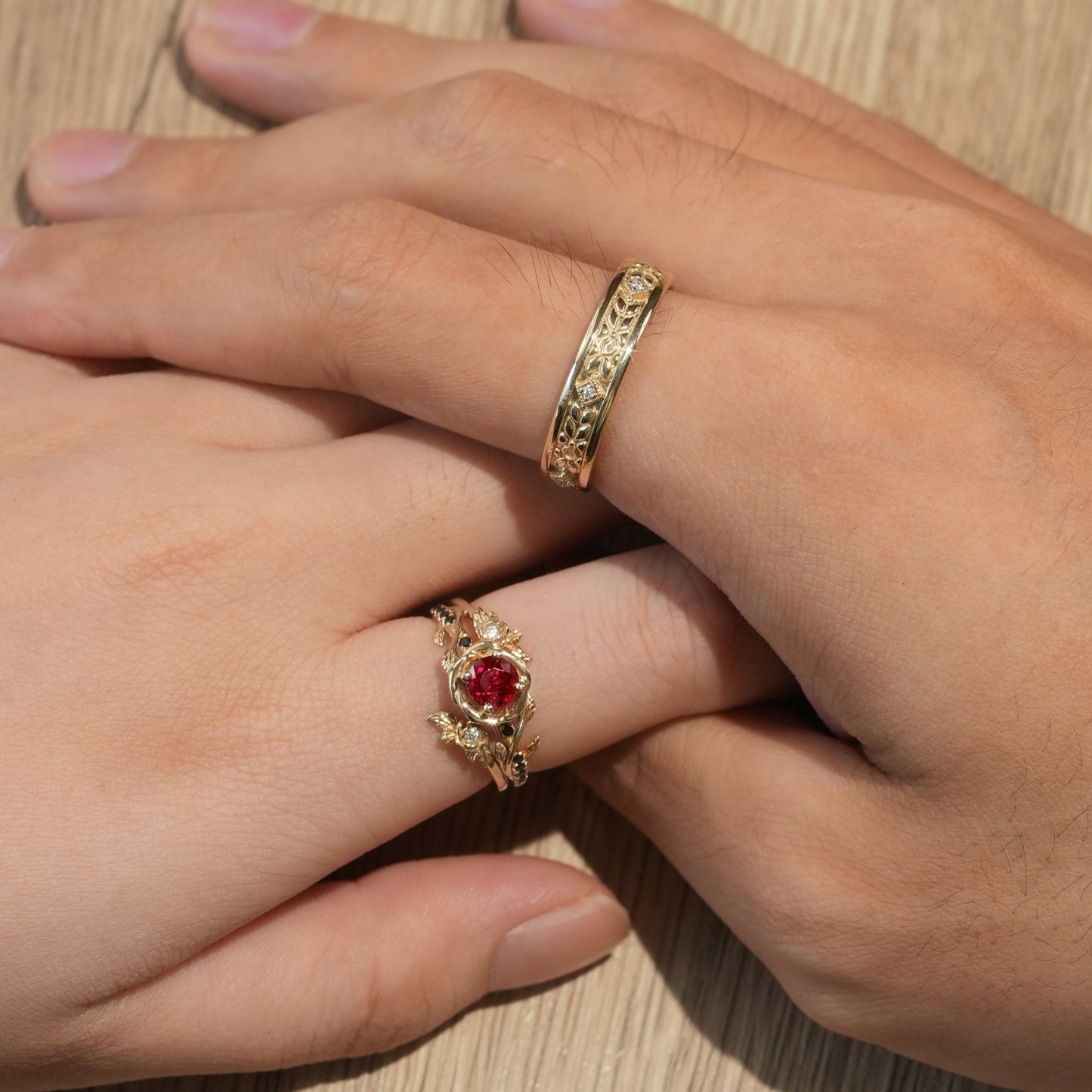 Rose Blossom: Ruby Couple Ring Set - Never Apart - GemsMagic