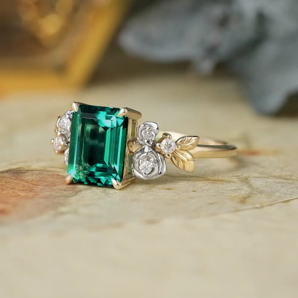 Rose Blossom: Vintage Two - Tone Emerald Ring - Trinity - GemsMagic