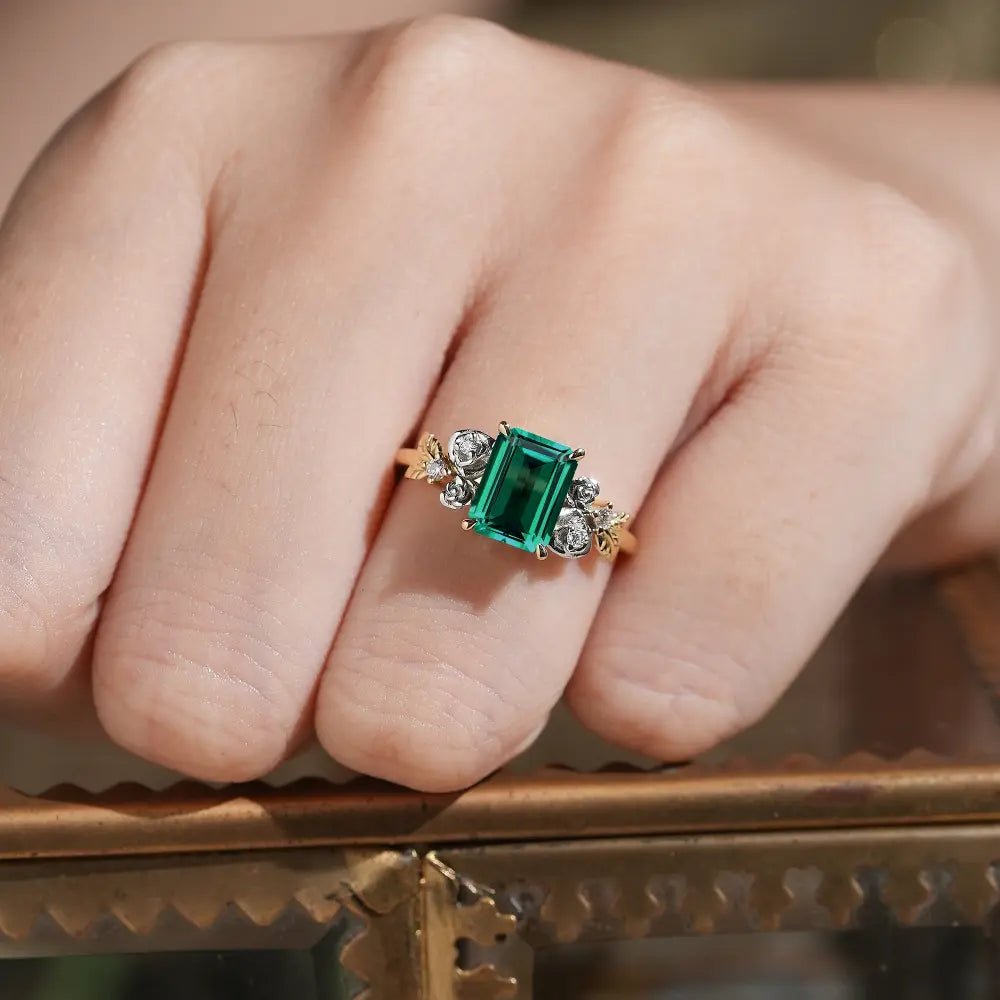 Rose Blossom: Vintage Two - Tone Emerald Ring - Trinity - GemsMagic