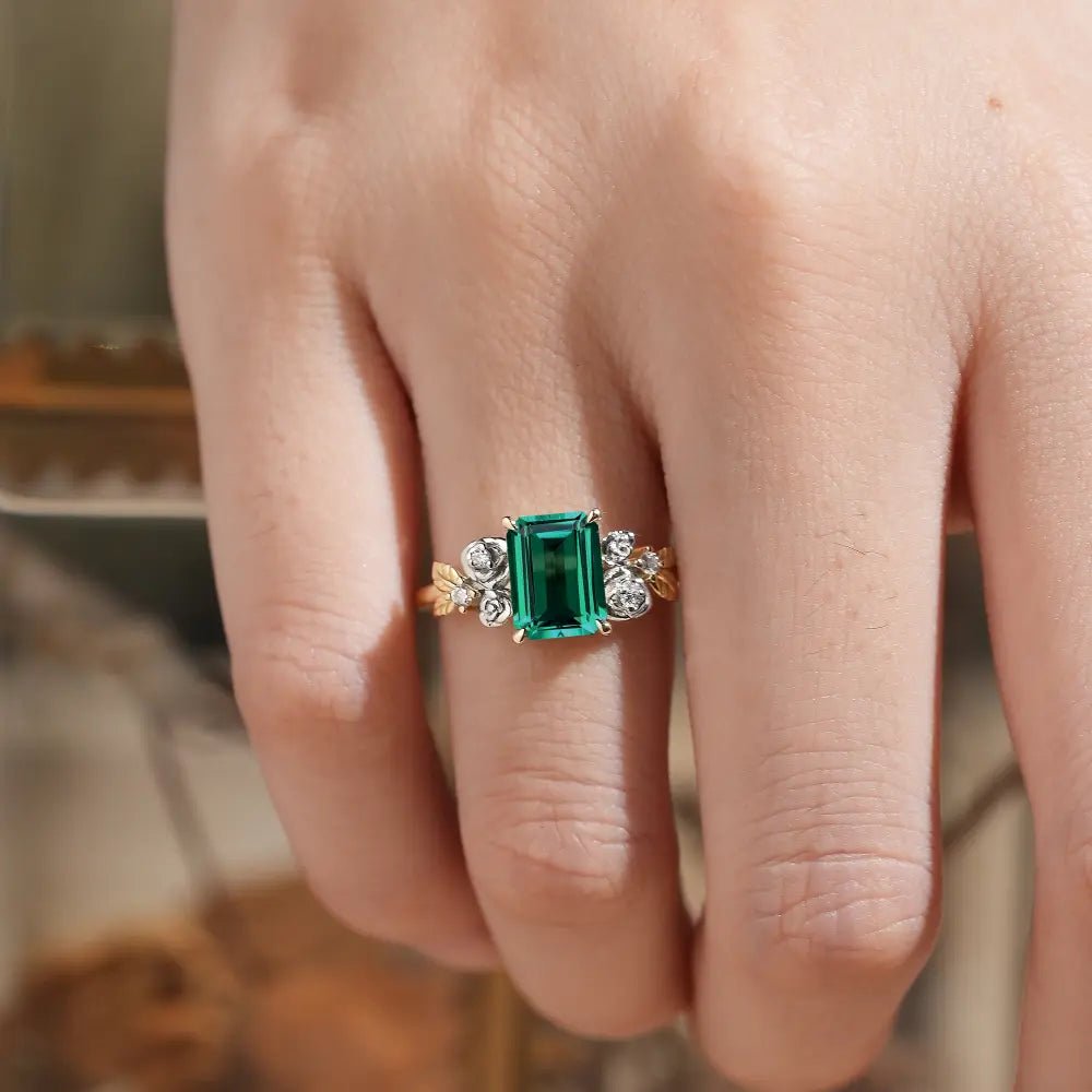 Rose Blossom: Vintage Two - Tone Emerald Ring - Trinity - GemsMagic