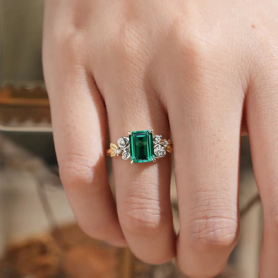 Rose Blossom: Vintage Two - Tone Emerald Ring - Trinity - GemsMagic