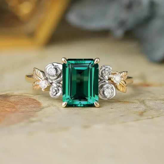 Rose Blossom: Vintage Two - Tone Emerald Ring - Trinity - GemsMagic