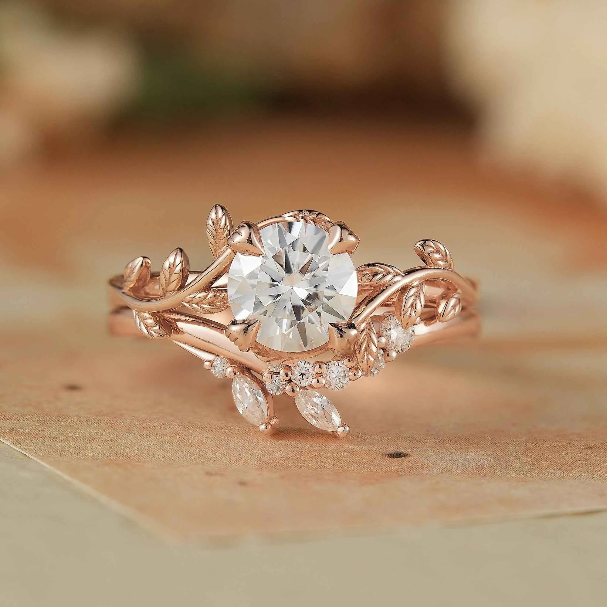 Rose Gold Round Cut Moissanite Bridal Set - Elara - GemsMagic - GemsMagic