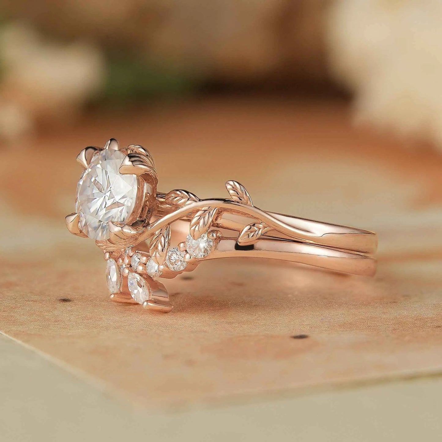Rose Gold Round Cut Moissanite Bridal Set - Elara - GemsMagic - GemsMagic