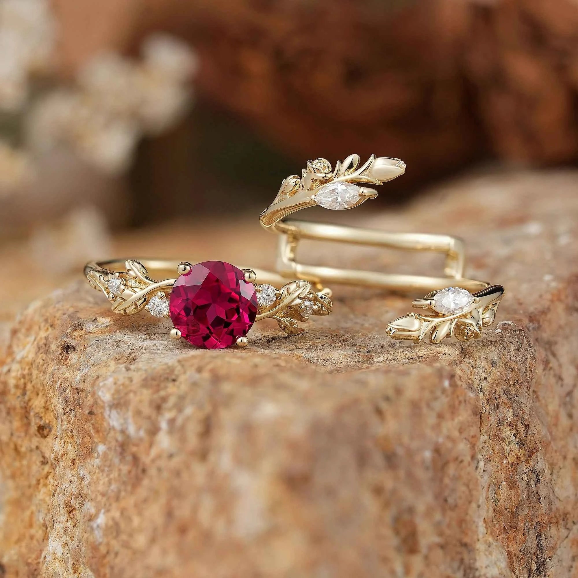 Rosebud Design: Ruby & Moissanite Ring Set 2pcs - Euphemia - GemsMagic