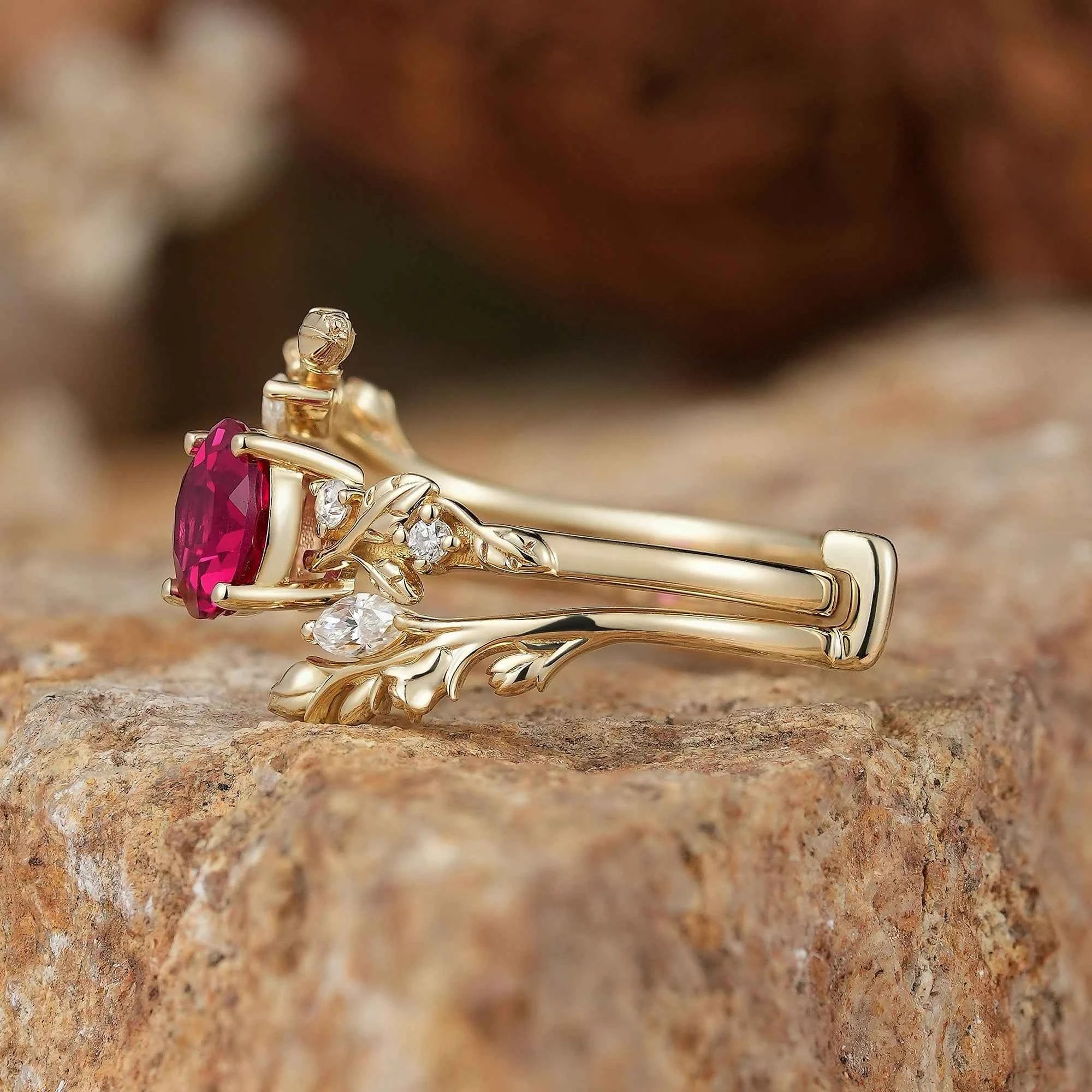Rosebud Design: Ruby & Moissanite Ring Set 2pcs - Euphemia - GemsMagic