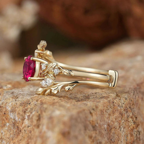 Rosebud Design: Ruby & Moissanite Ring Set 2pcs - Euphemia - GemsMagic
