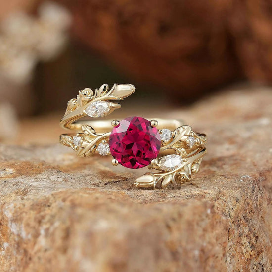 Rosebud Design: Ruby & Moissanite Ring Set 2pcs - Euphemia - GemsMagic