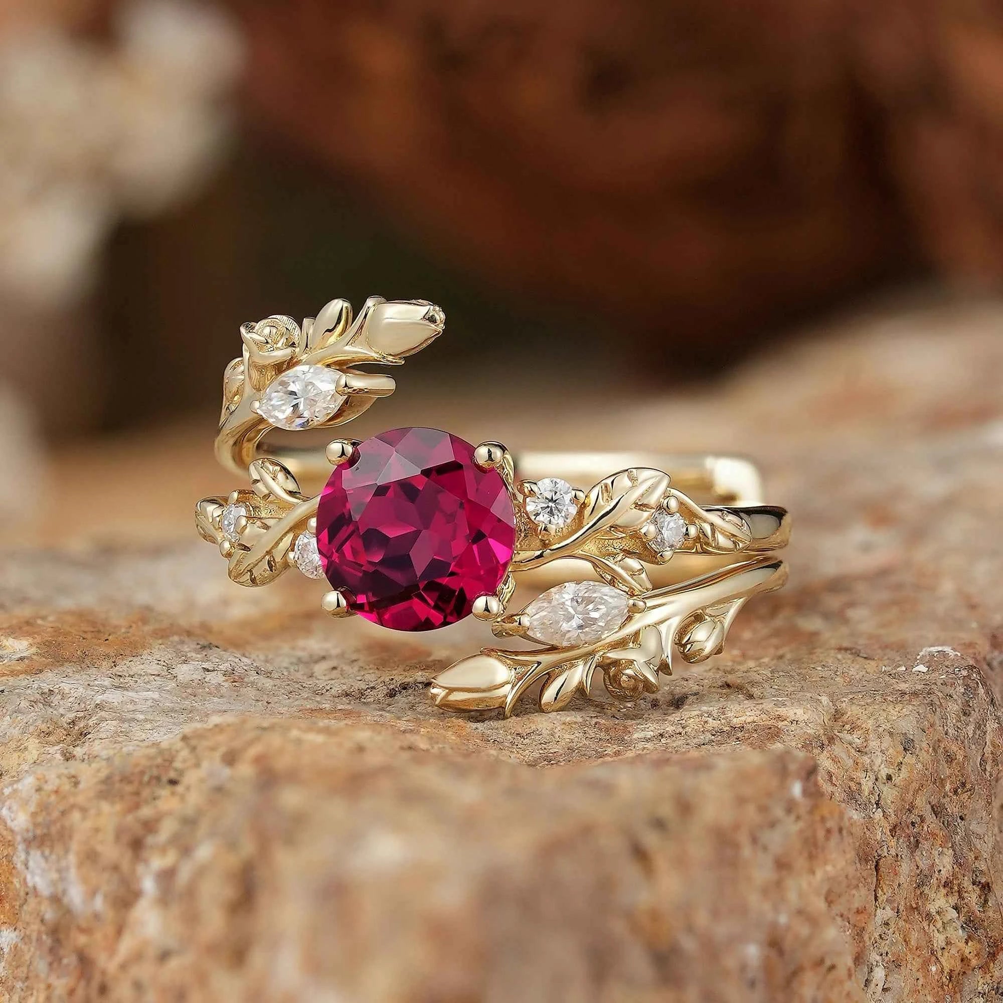 Rosebud Design: Ruby & Moissanite Ring Set 2pcs - Euphemia - GemsMagic