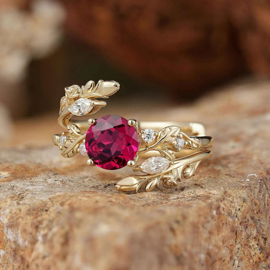 Rosebud Design: Ruby & Moissanite Ring Set 2pcs - Euphemia - GemsMagic