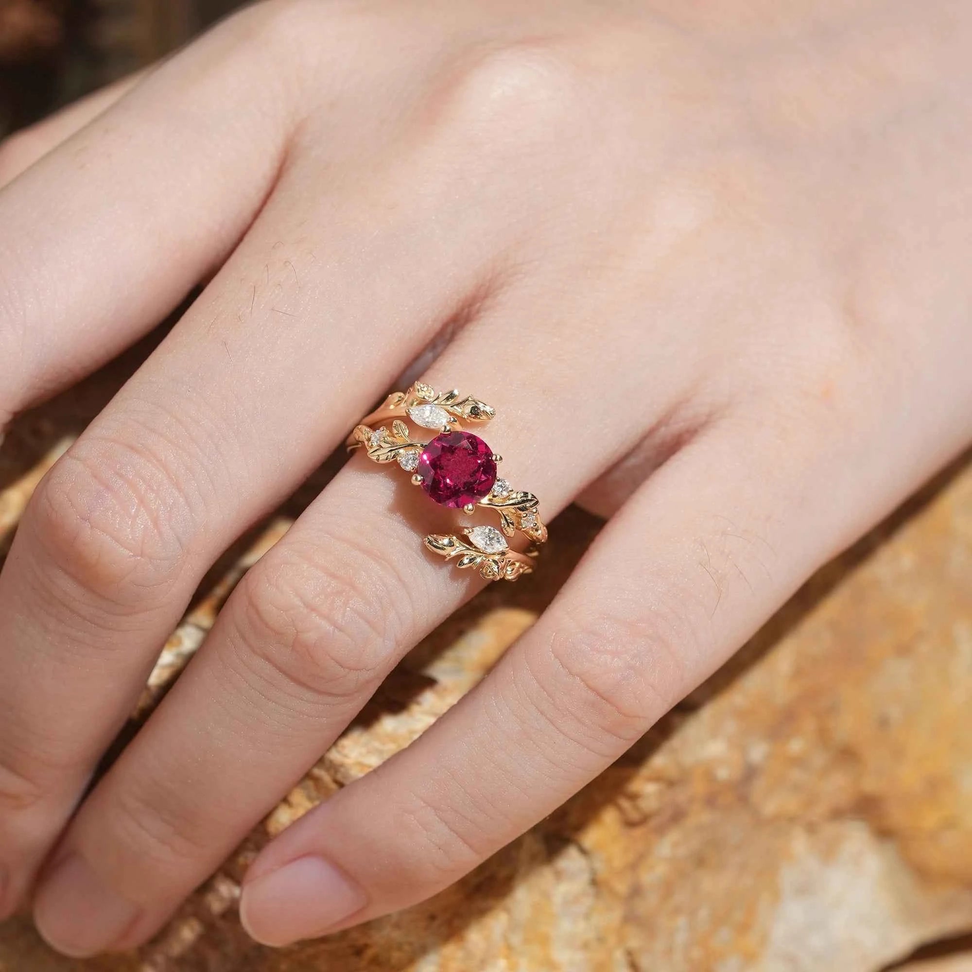 Rosebud Design: Ruby & Moissanite Ring Set 2pcs - Euphemia - GemsMagic
