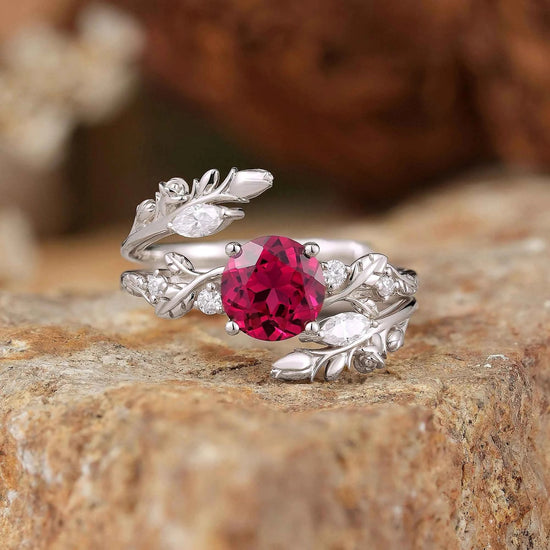 Rosebud Design: Ruby & Moissanite Ring Set 2pcs - Euphemia - GemsMagic