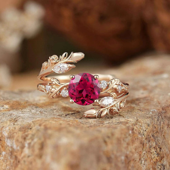 Rosebud Design: Ruby & Moissanite Ring Set 2pcs - Euphemia - GemsMagic