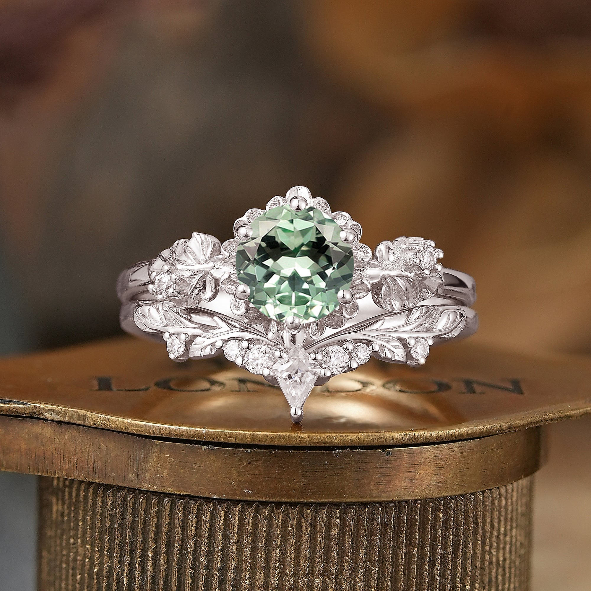 Round Cut Green Sapphire Nature Inspired Bridal Ring Set - Leora - GemsMagic
