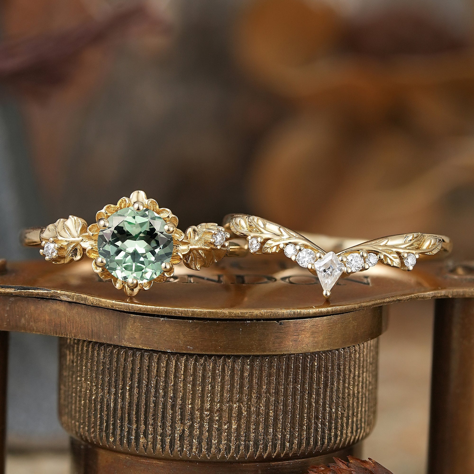 Round Cut Green Sapphire Nature Inspired Bridal Ring Set - Leora - GemsMagic