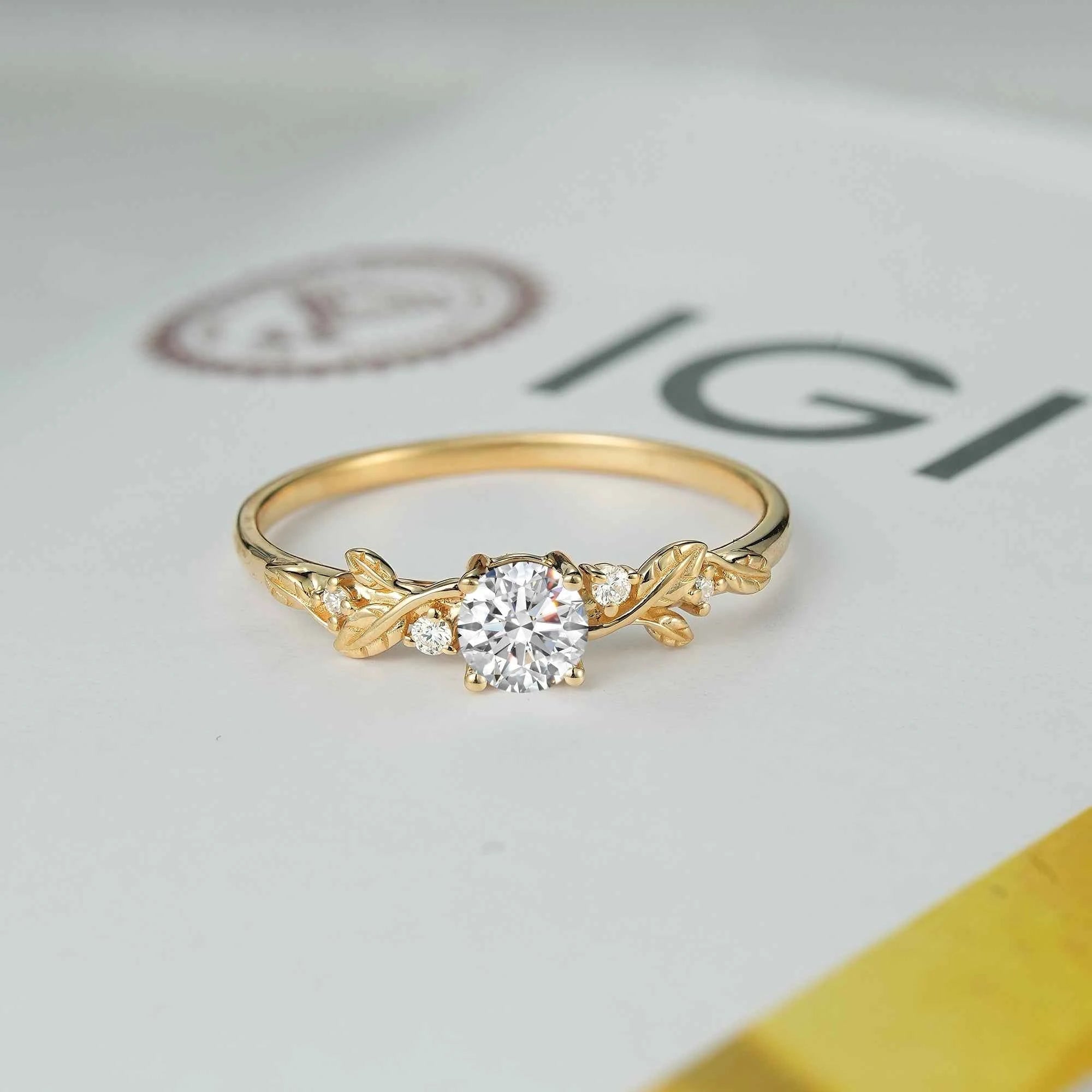 Round - Cut Lab Grown Diamond Leaf Engagement Ring - GemsMagic