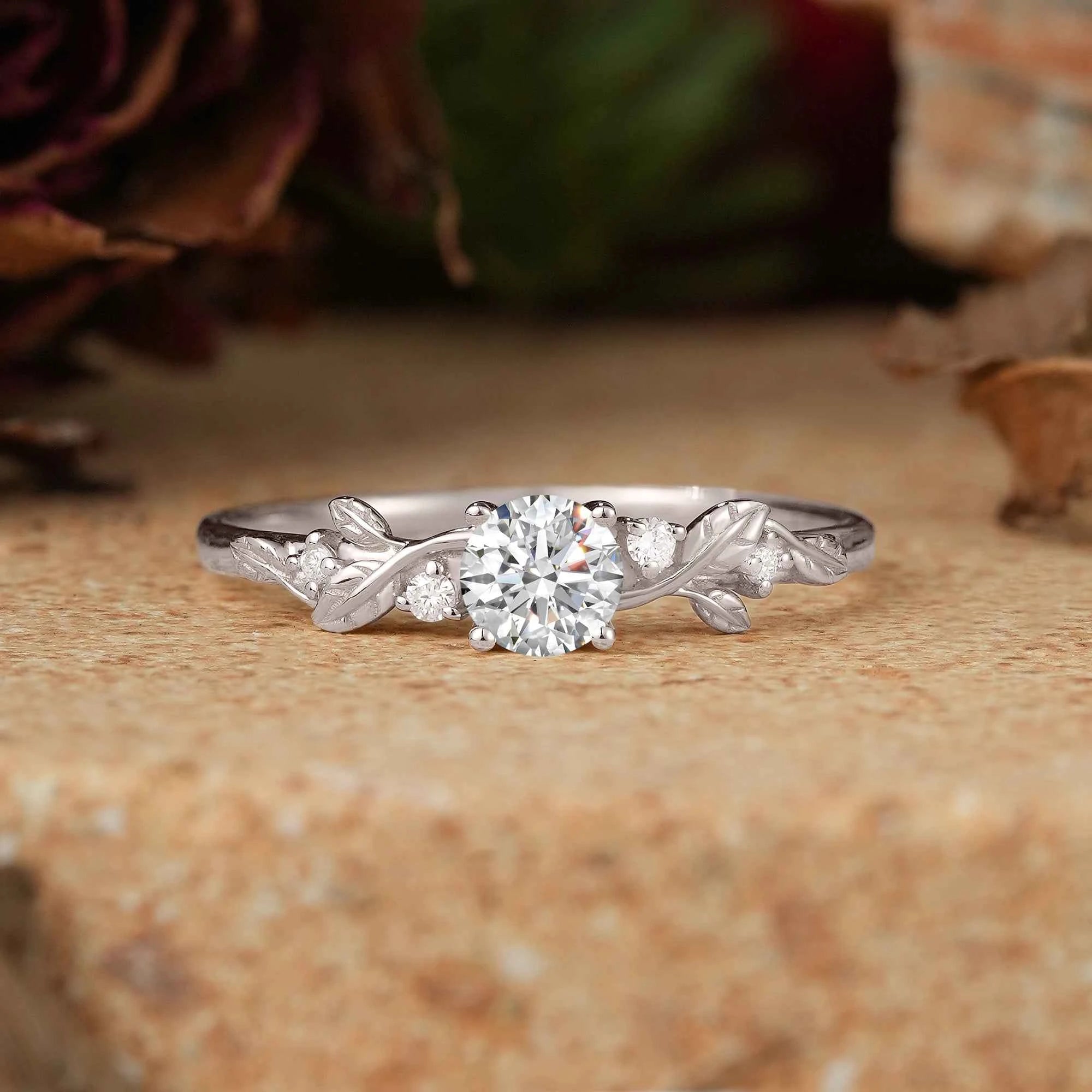 Round - Cut Lab Grown Diamond Leaf Engagement Ring - GemsMagic
