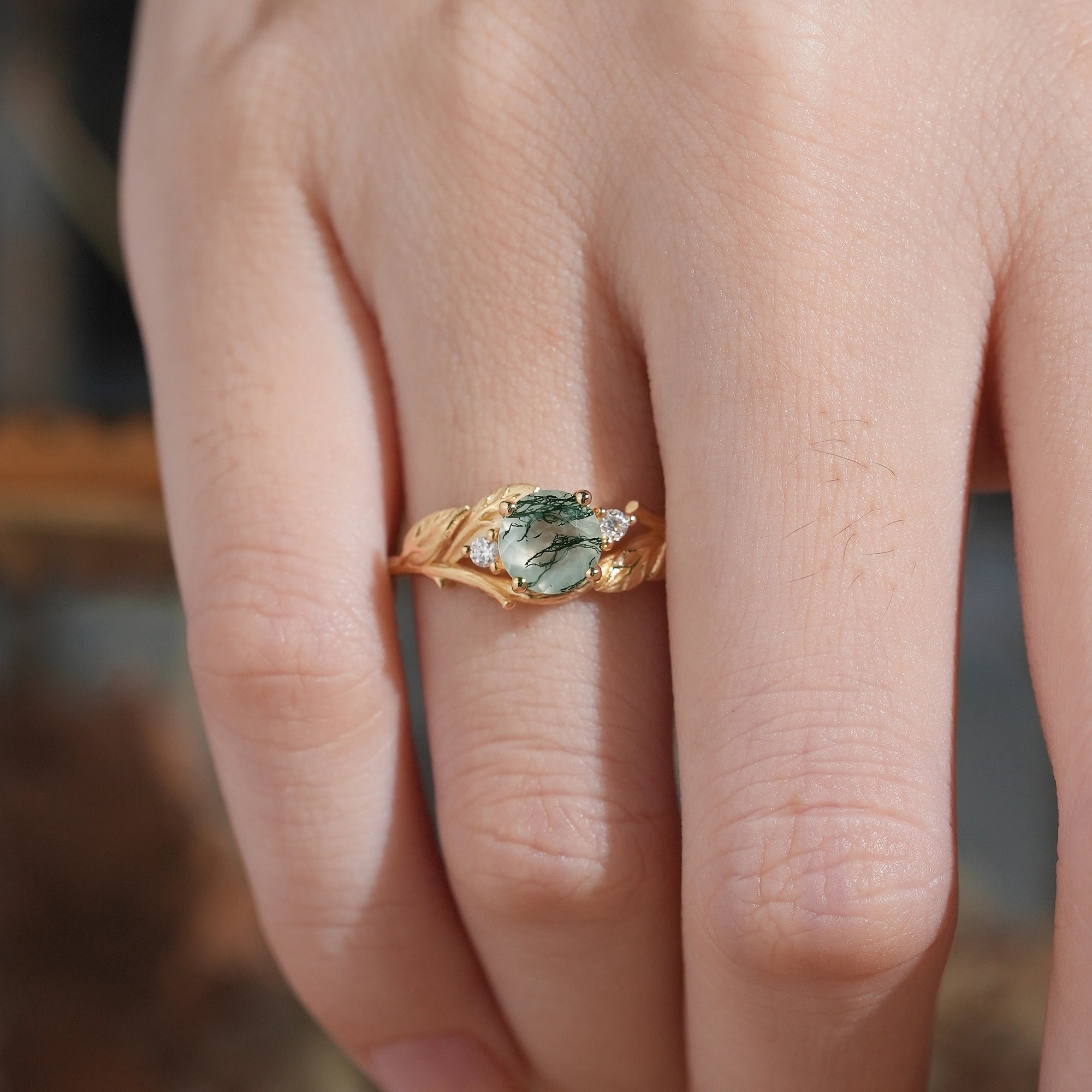 Round Cut Moss Agate Nature Inspired Bark Textured Engagement Ring - Rhea - GemsMagic
