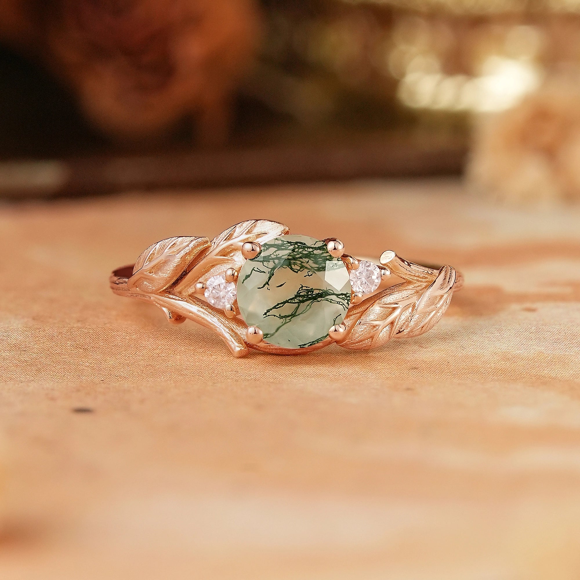Round Cut Moss Agate Nature Inspired Bark Textured Engagement Ring - Rhea - GemsMagic