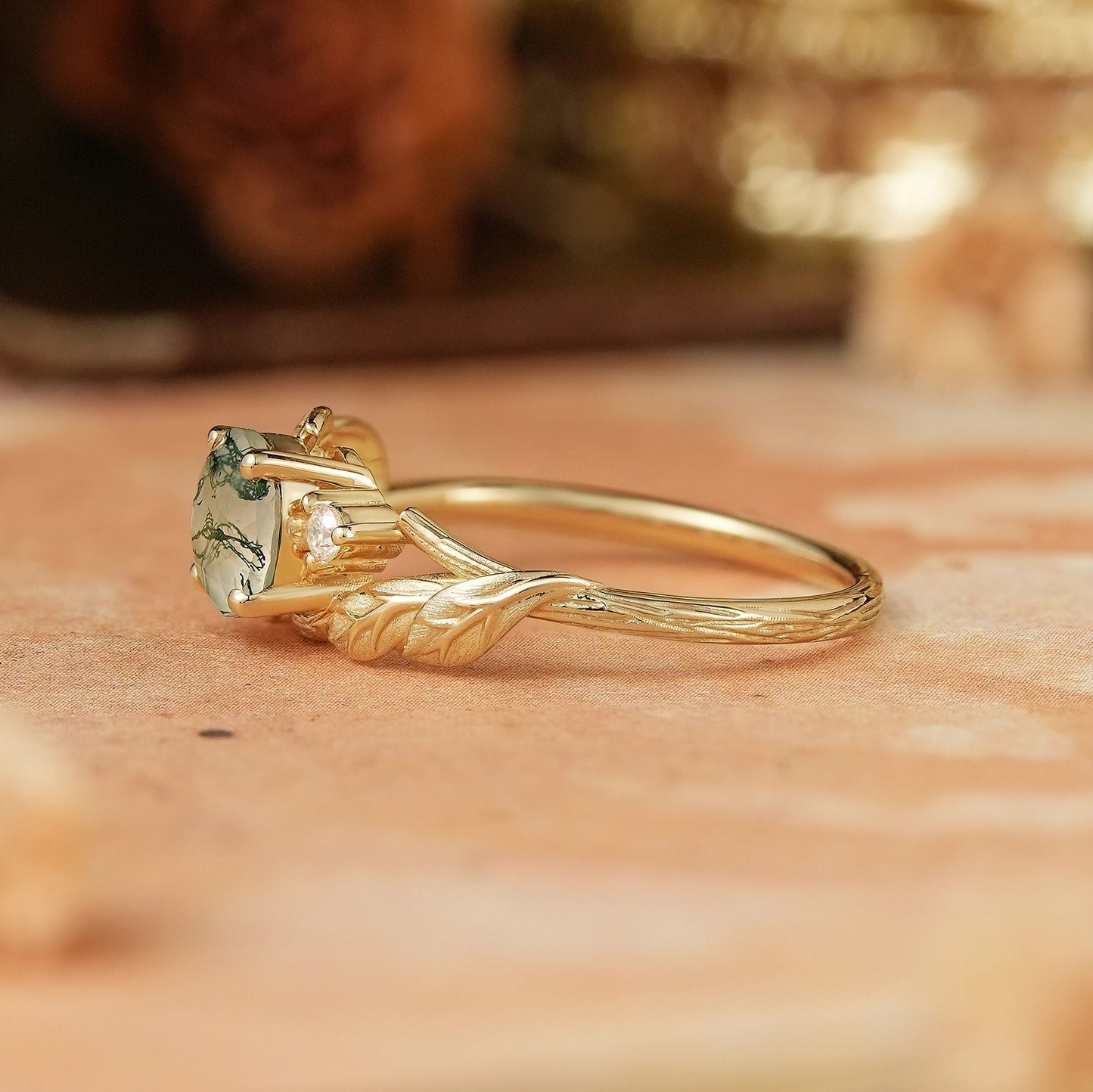 Round Cut Moss Agate Nature Inspired Bark Textured Engagement Ring - Rhea - GemsMagic