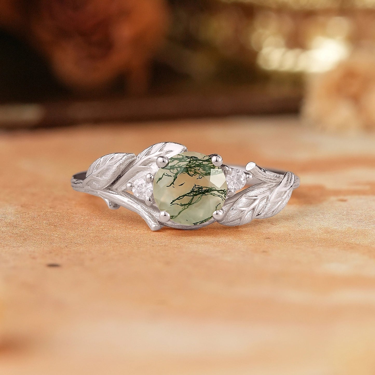 Round Cut Moss Agate Nature Inspired Bark Textured Engagement Ring - Rhea - GemsMagic