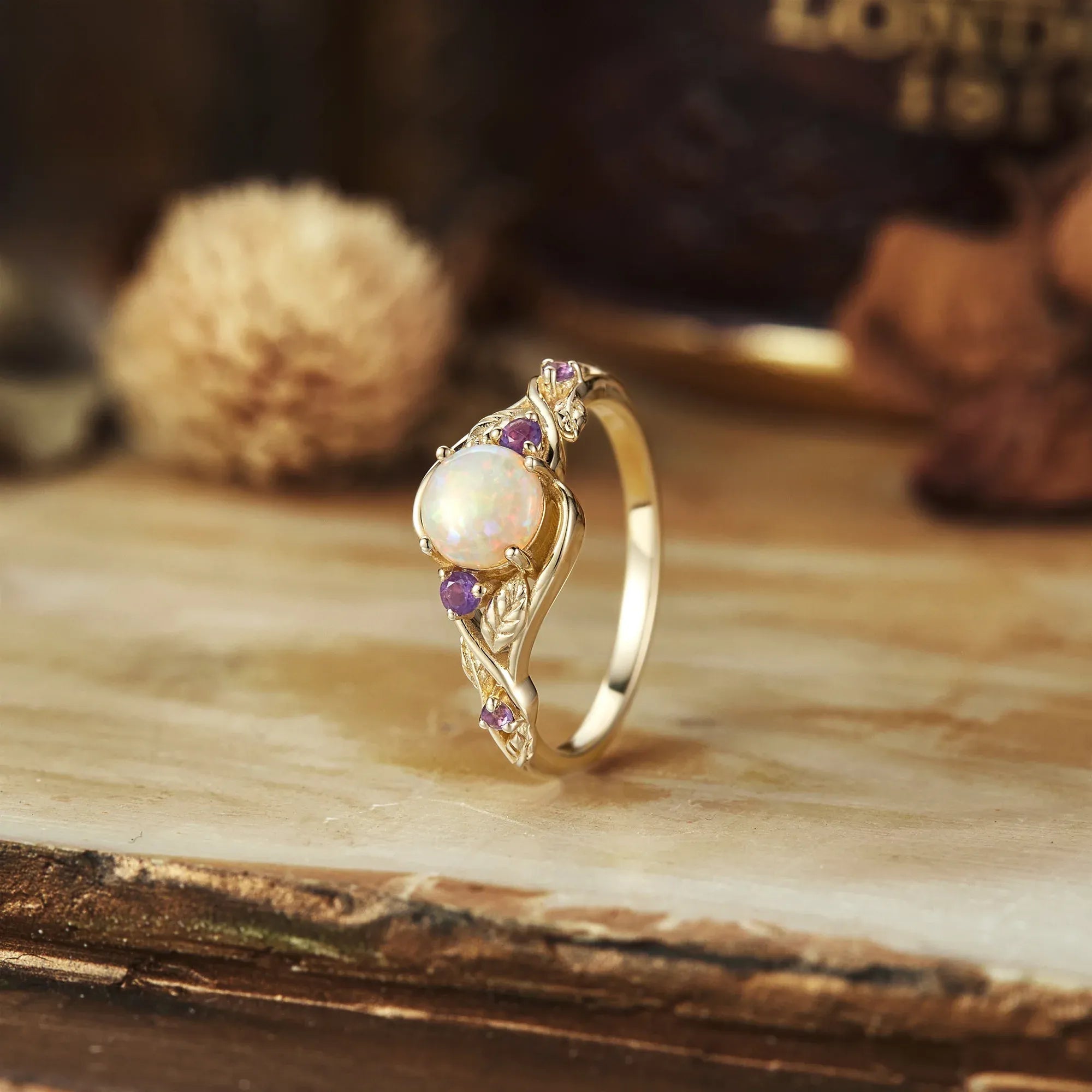 Round Cut Opal Ring with Amethyst - Dorothy - GemsMagic