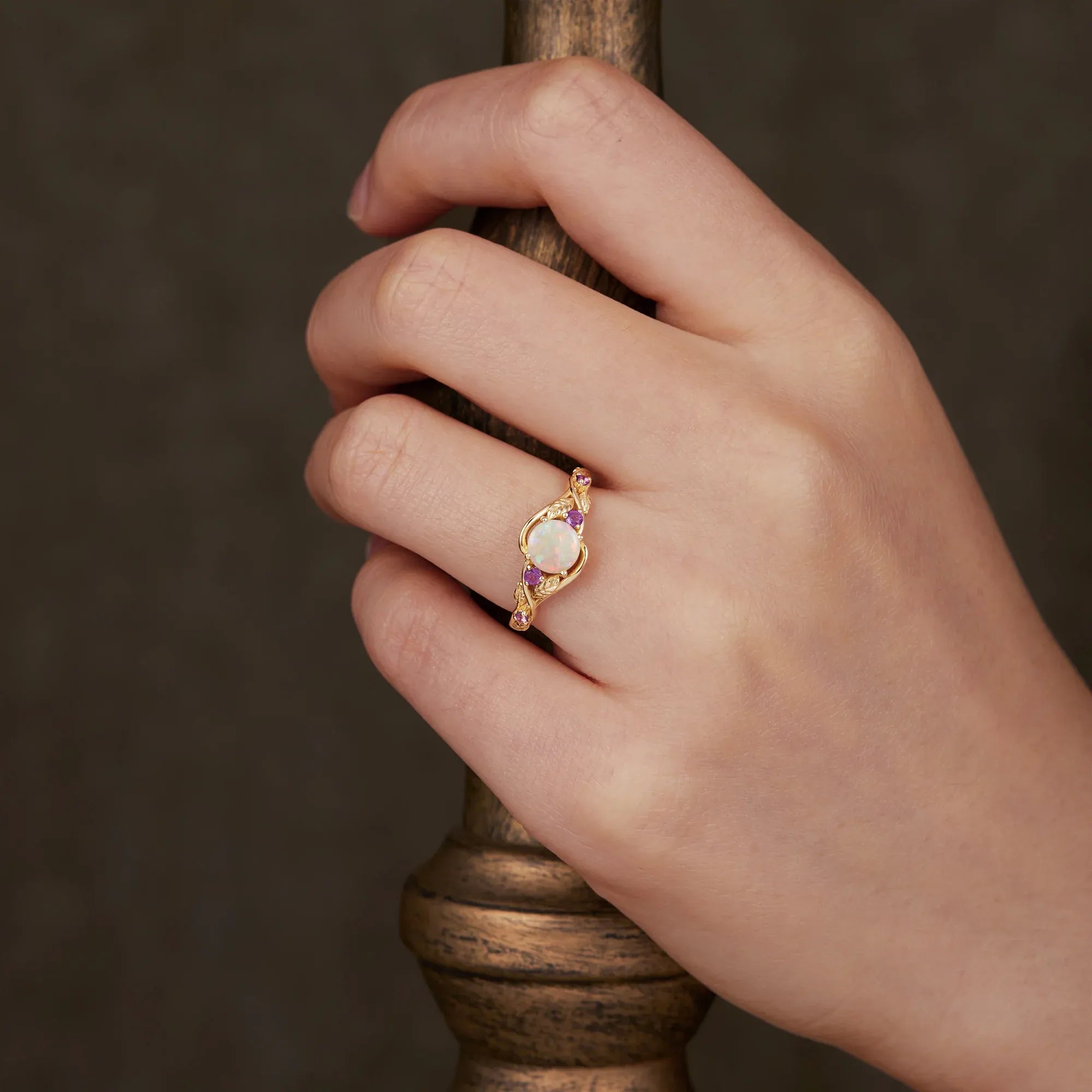 Round Cut Opal Ring with Amethyst - Dorothy - GemsMagic