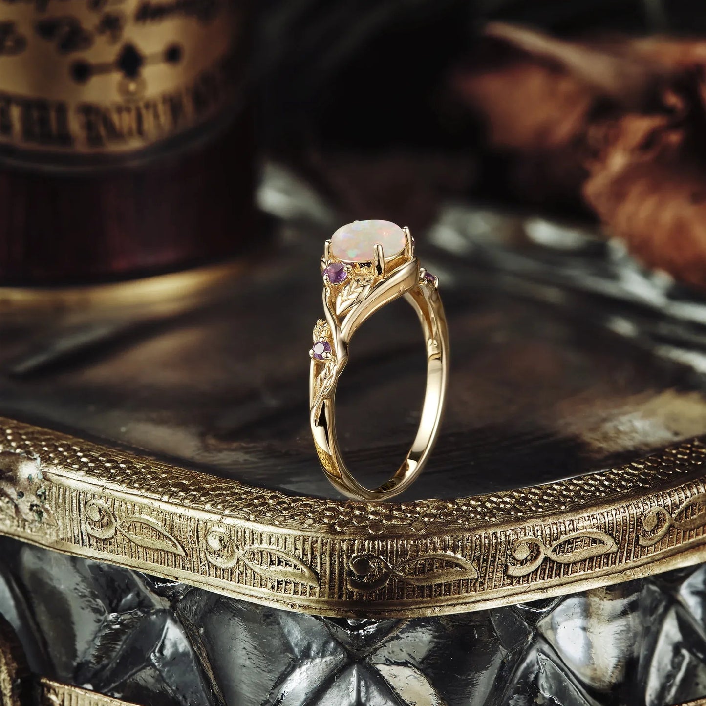 Round Cut Opal Ring with Amethyst - Dorothy - GemsMagic