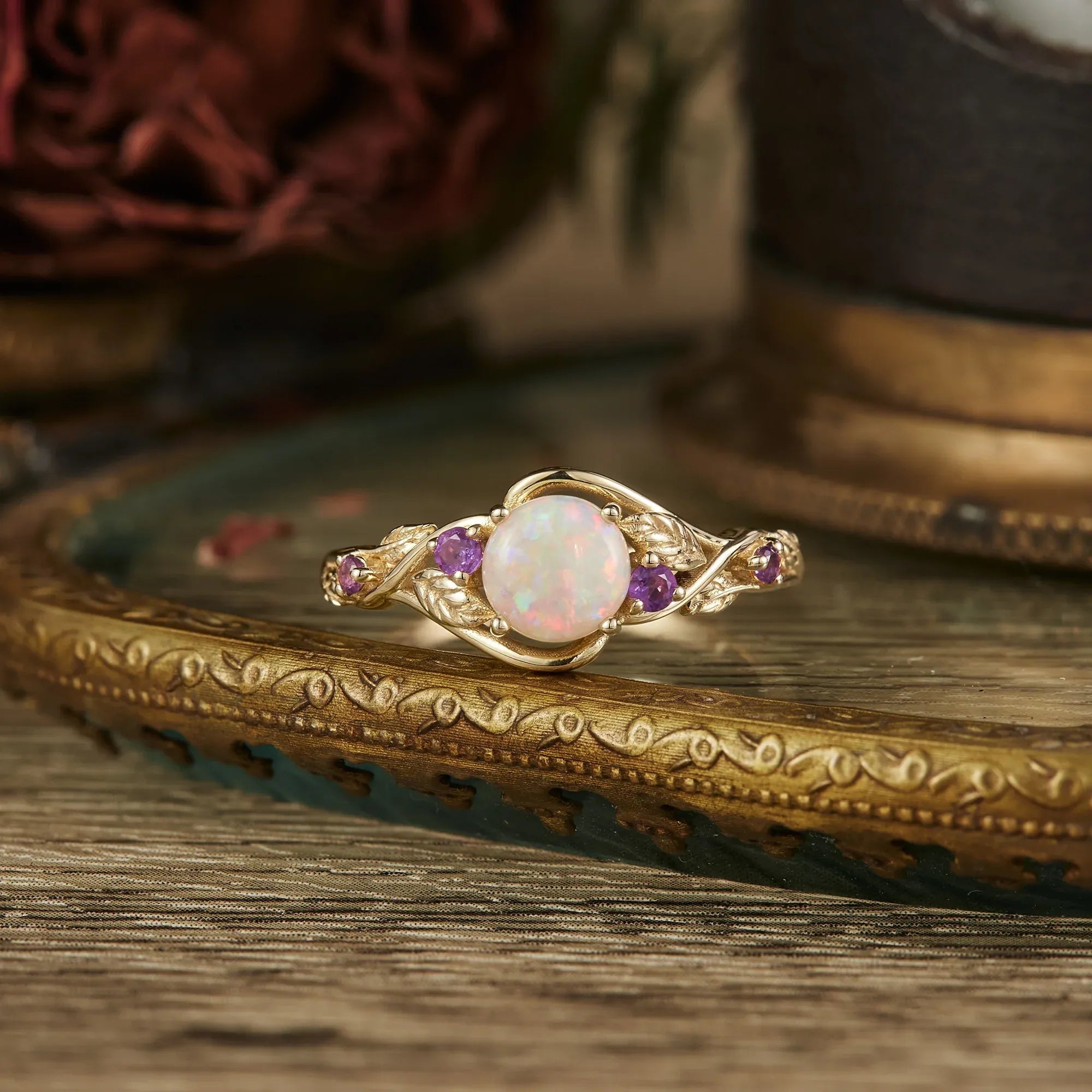 Round Cut Opal Ring with Amethyst - Dorothy - GemsMagic