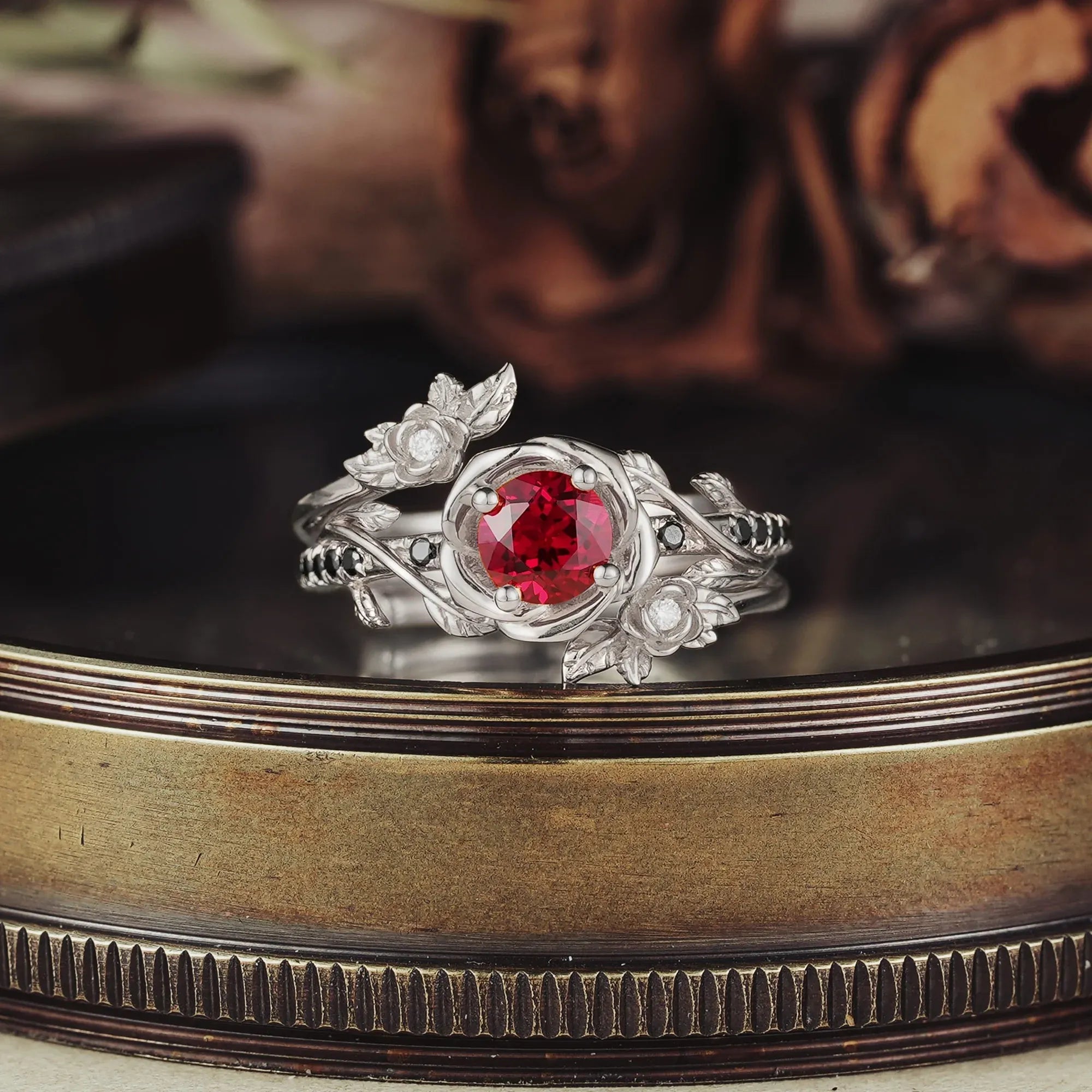 Round - Cut Ruby Ring Set With 3 Rose Designs | Rosalind - GemsMagic