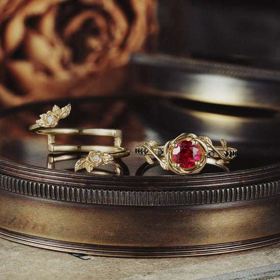 Round - Cut Ruby Ring Set With 3 Rose Designs | Rosalind - GemsMagic