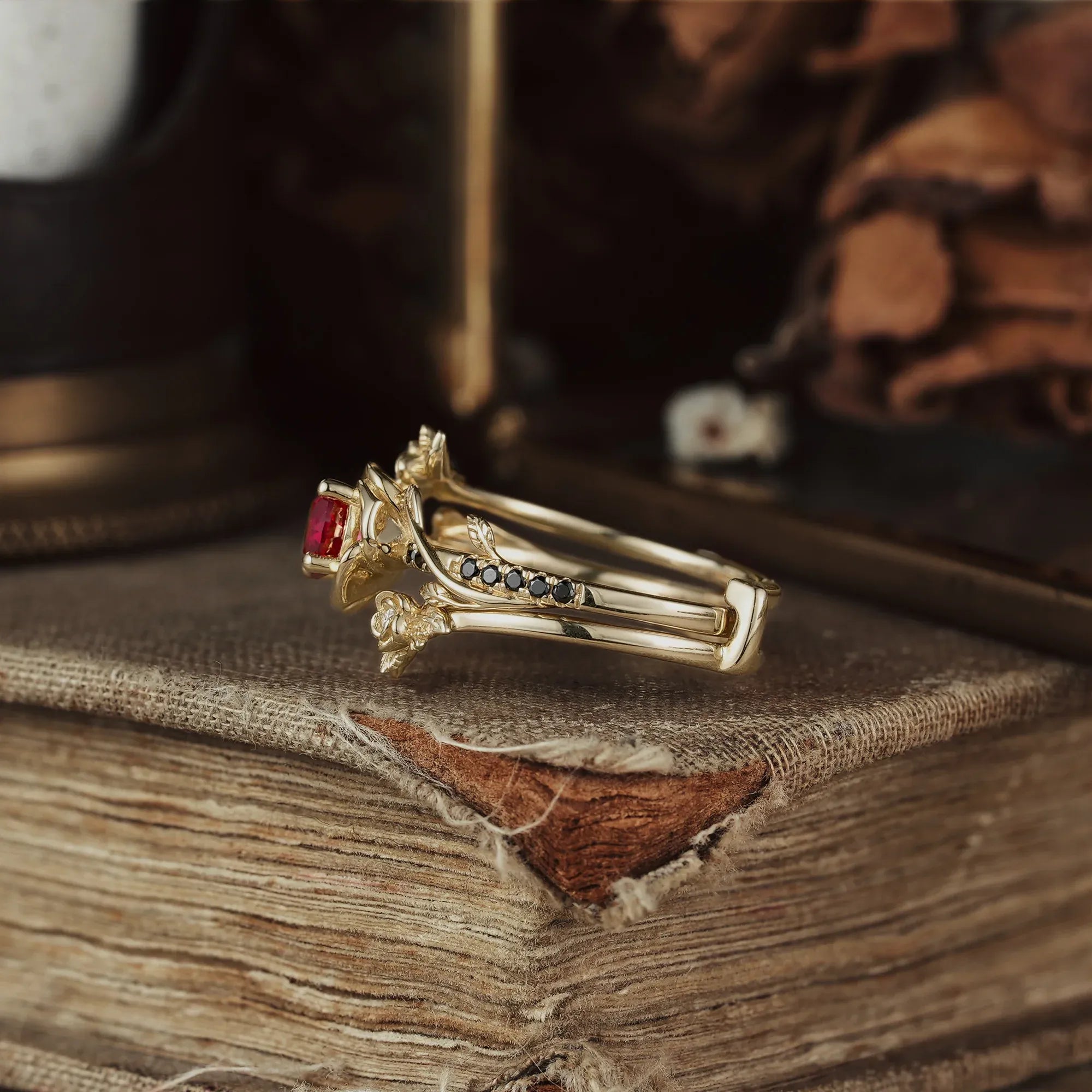 Round - Cut Ruby Ring Set With 3 Rose Designs | Rosalind - GemsMagic