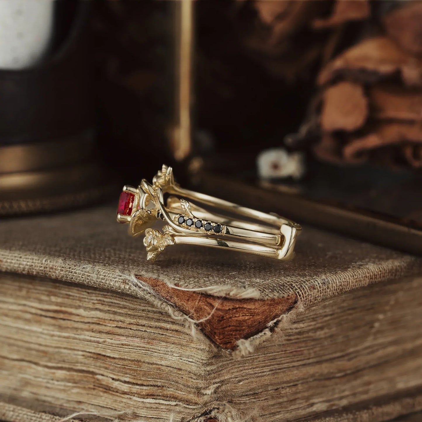 Round - Cut Ruby Ring Set With 3 Rose Designs | Rosalind - GemsMagic