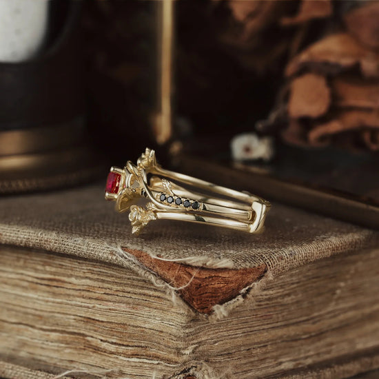 Round - Cut Ruby Ring Set With 3 Rose Designs | Rosalind - GemsMagic