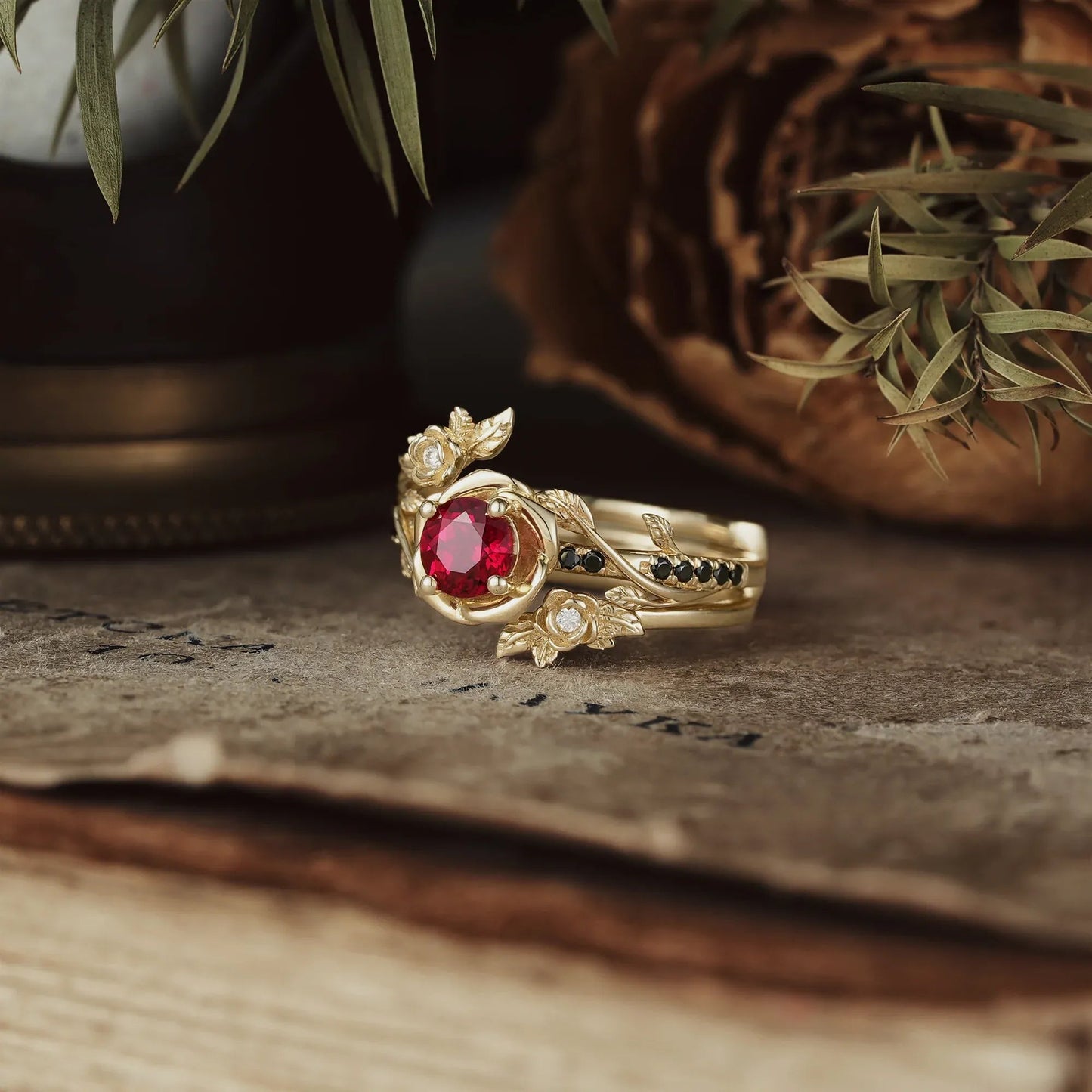 Round - Cut Ruby Ring Set With 3 Rose Designs | Rosalind - GemsMagic