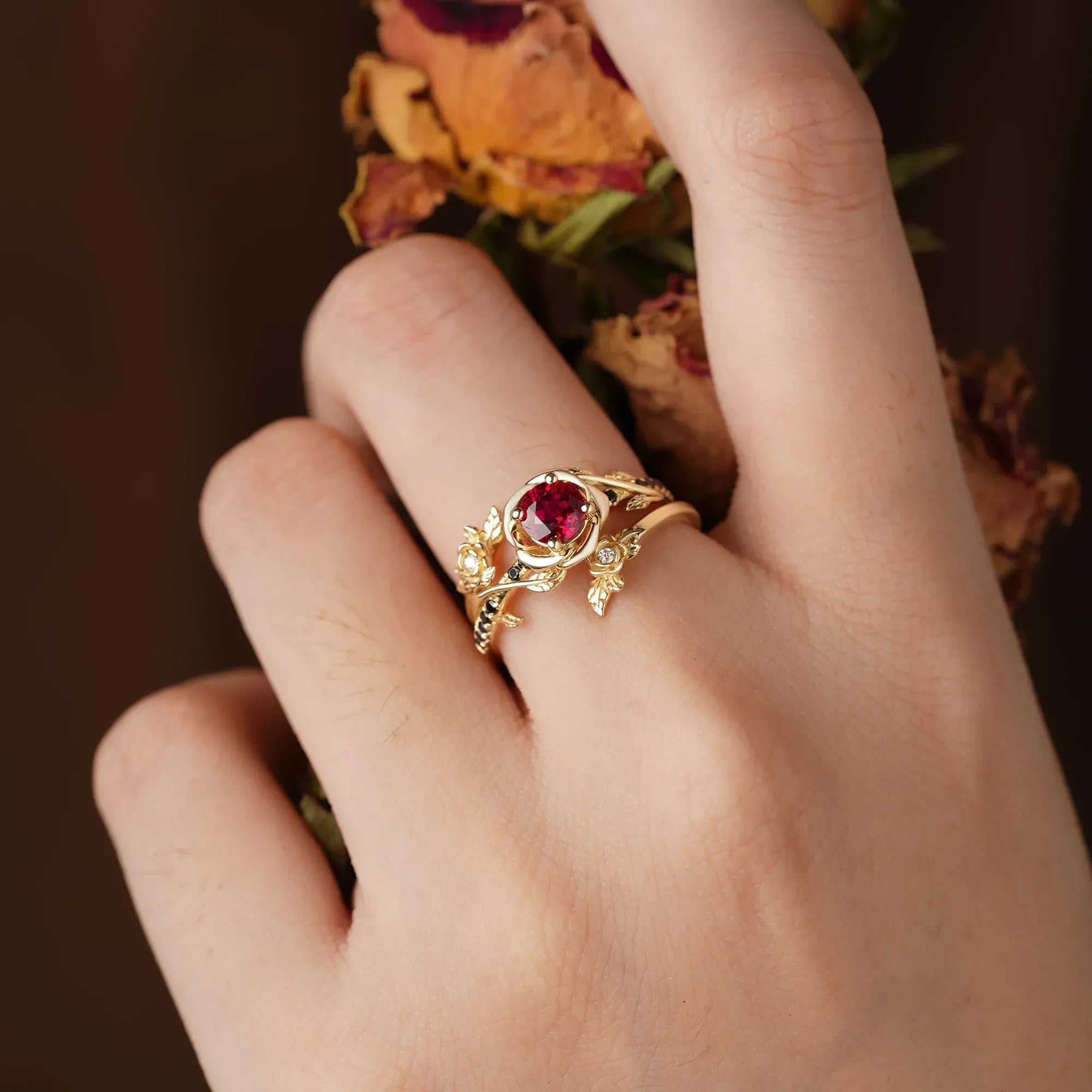 Round - Cut Ruby Ring Set With 3 Rose Designs | Rosalind - GemsMagic