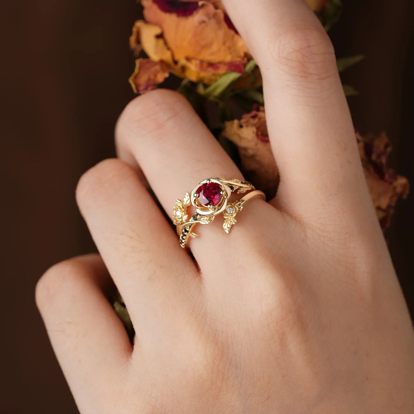 Round - Cut Ruby Ring Set With 3 Rose Designs | Rosalind - GemsMagic