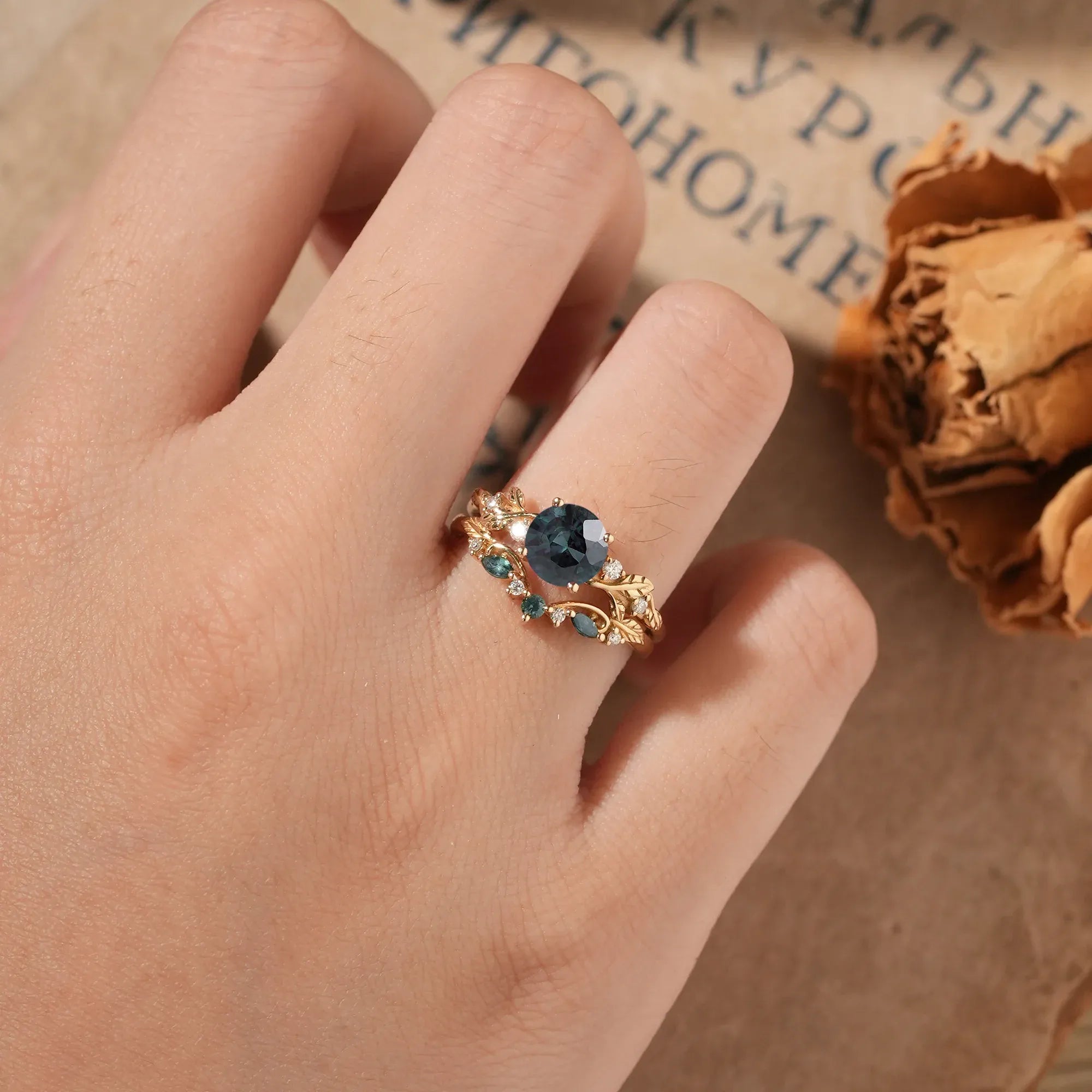 Round Cut Teal Sapphire Ring with Elegant Leaf Motif - Octavia - GemsMagic