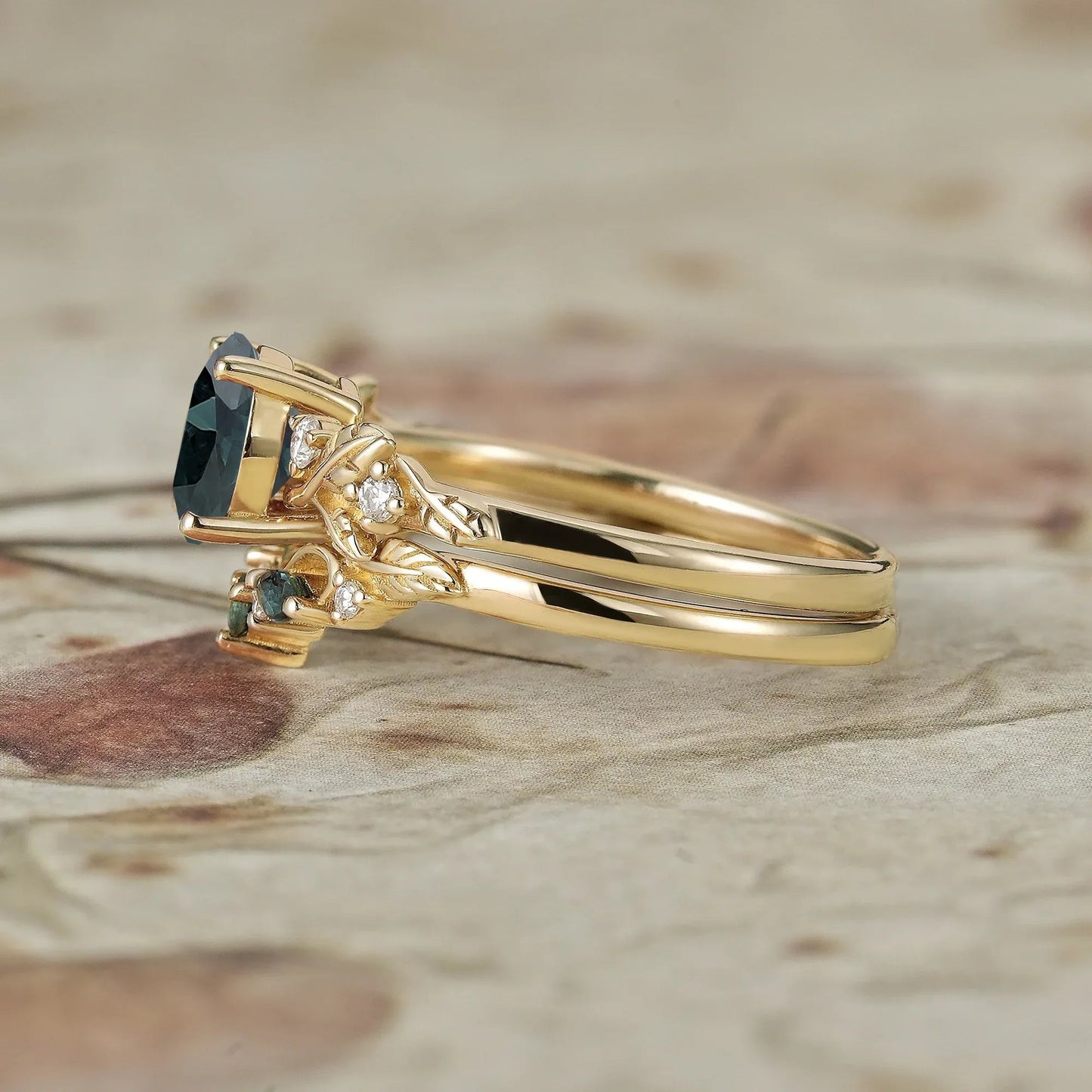 Round Cut Teal Sapphire Ring with Elegant Leaf Motif - Octavia - GemsMagic