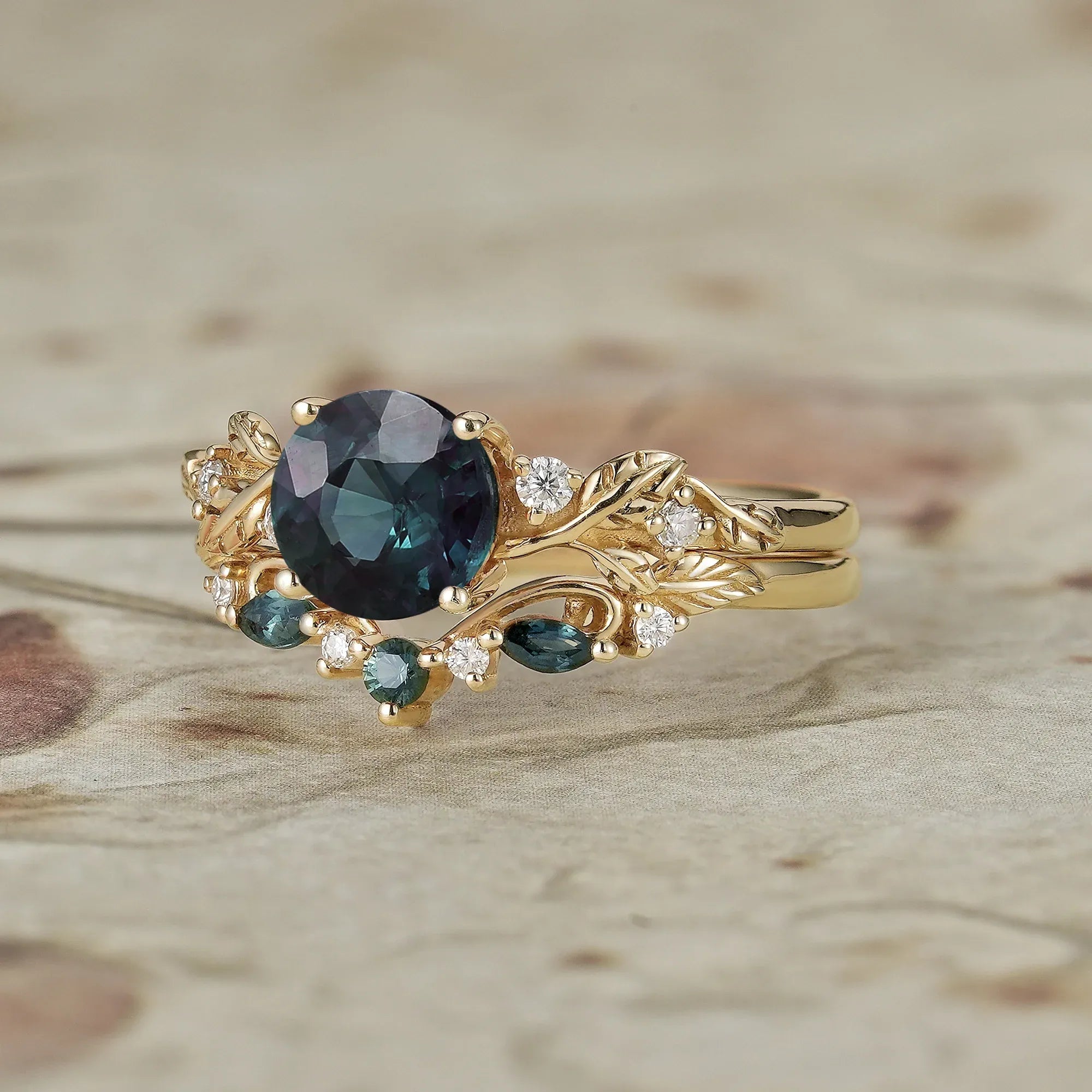 Round Cut Teal Sapphire Ring with Elegant Leaf Motif - Octavia - GemsMagic